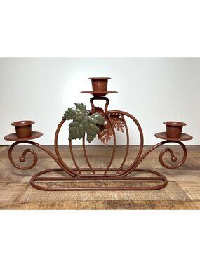 Pumpkin-Shaped Metal Candle Holder With Autumn Leaf Accents For 3 Taper Candles